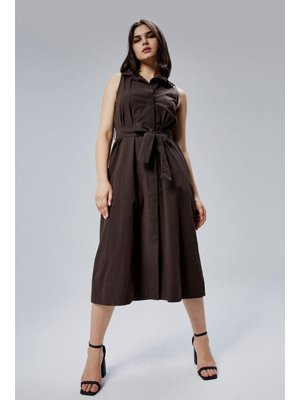 Bolivente Kahverengi Regular Fit Kuşak Kemerli Elbise