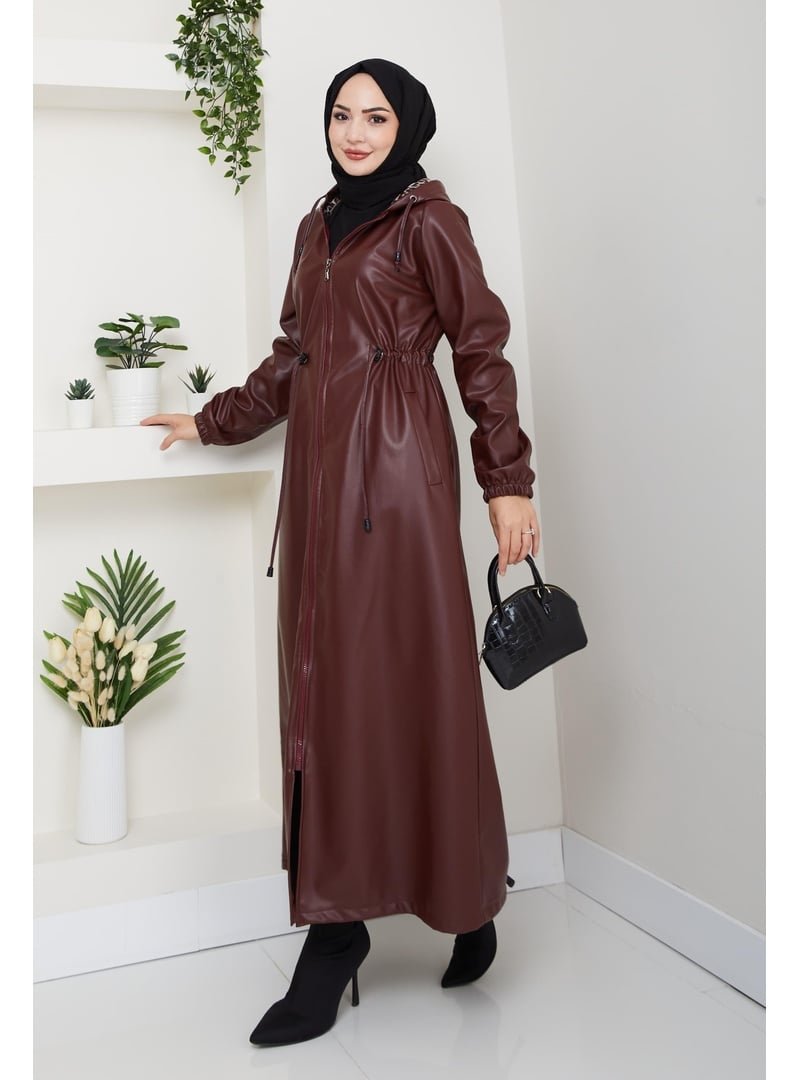 Harmatime butik Fermuarlı Kapüşonlu Şardonlu Bordo Deri Kap
