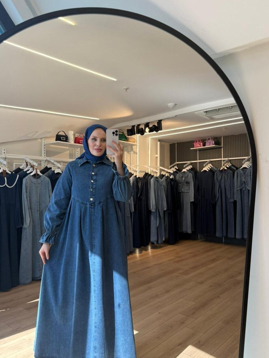 OlaLady Mavi Önü Düğmeli Pile Detaylı Denim Elbise