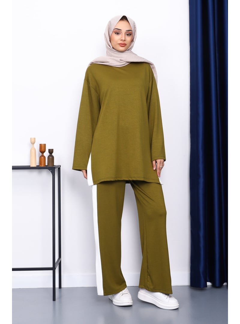 İmaj Butik Yağ Yeşili Renk Bloklu Modal Tunik Pantolonlu Takım