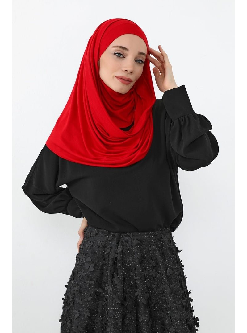 Aisha`s Design Kırmızı Boyun Kapatan Peçe Özellikli Penye Boneli Şal,ps