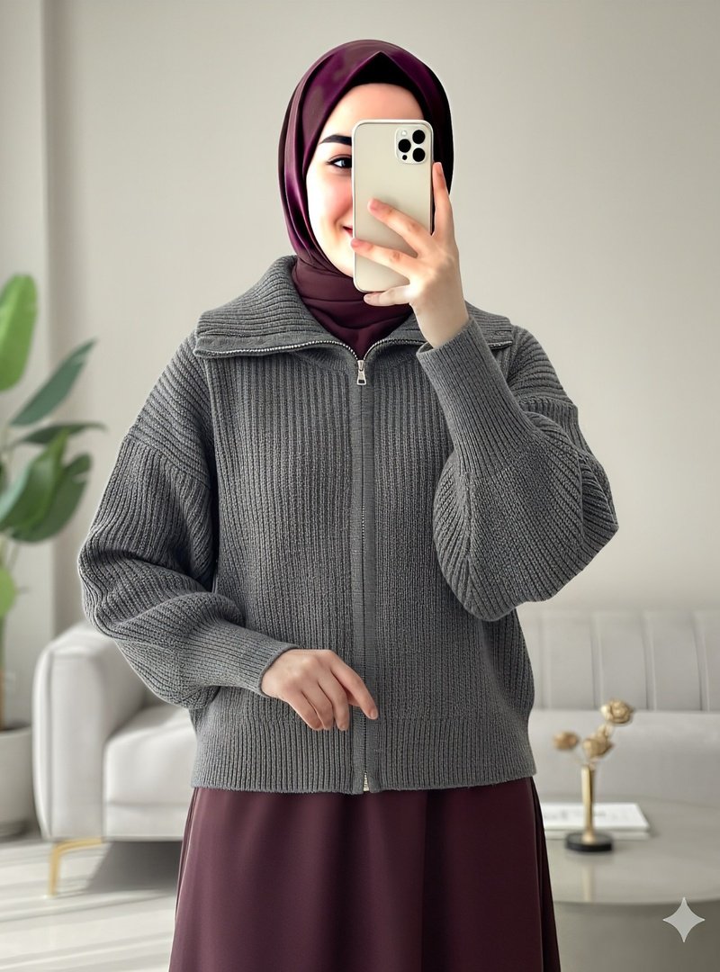 Podyumplus Füme Yarım Boğazlı Fermuarlı Triko Hırka