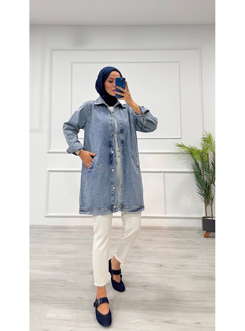 Destemoda Mavi Kot Taş Detaylı Cepli Uzun Ceket Denim