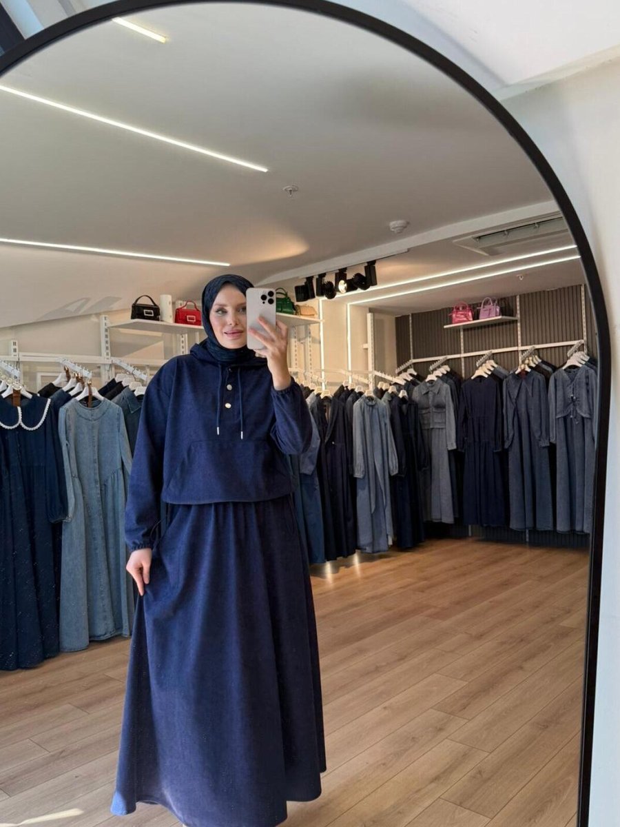 OlaLady Lacivert Süet Kumaş Kapüşonlu Etek Sweatshirt İkili Takım
