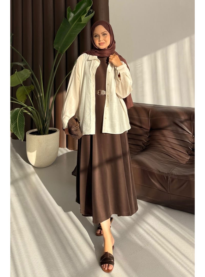Locco Moda Kahverengi Sıfır Kol Elbise