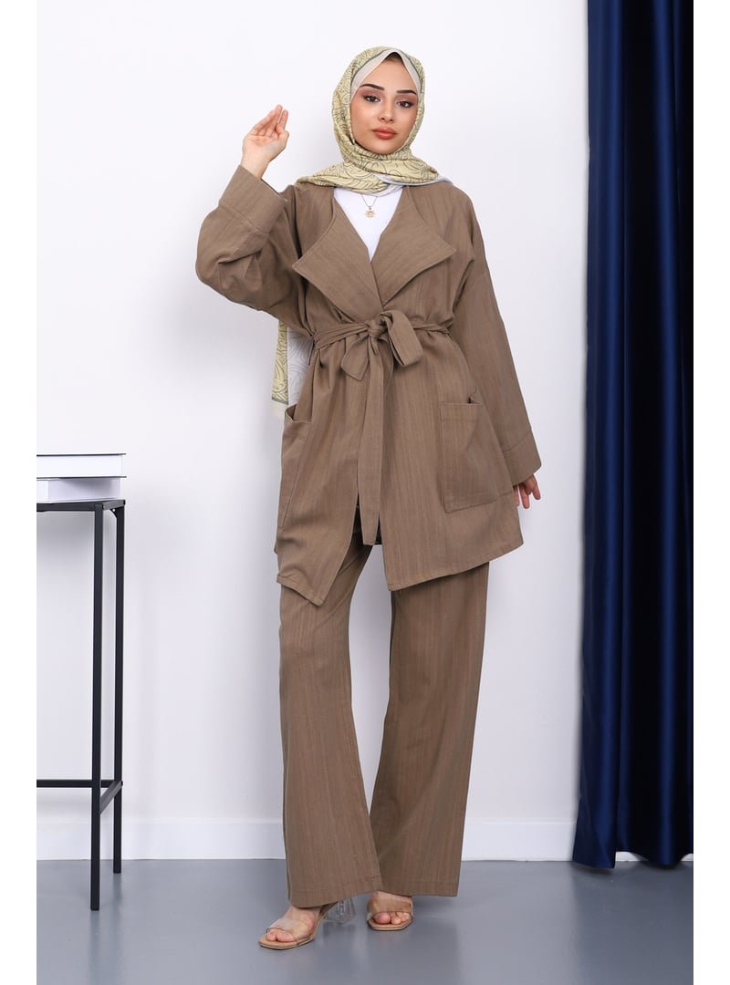 İmaj Butik Haki Bel Kuşaklı Keten Kimono Pantolonlu Takım