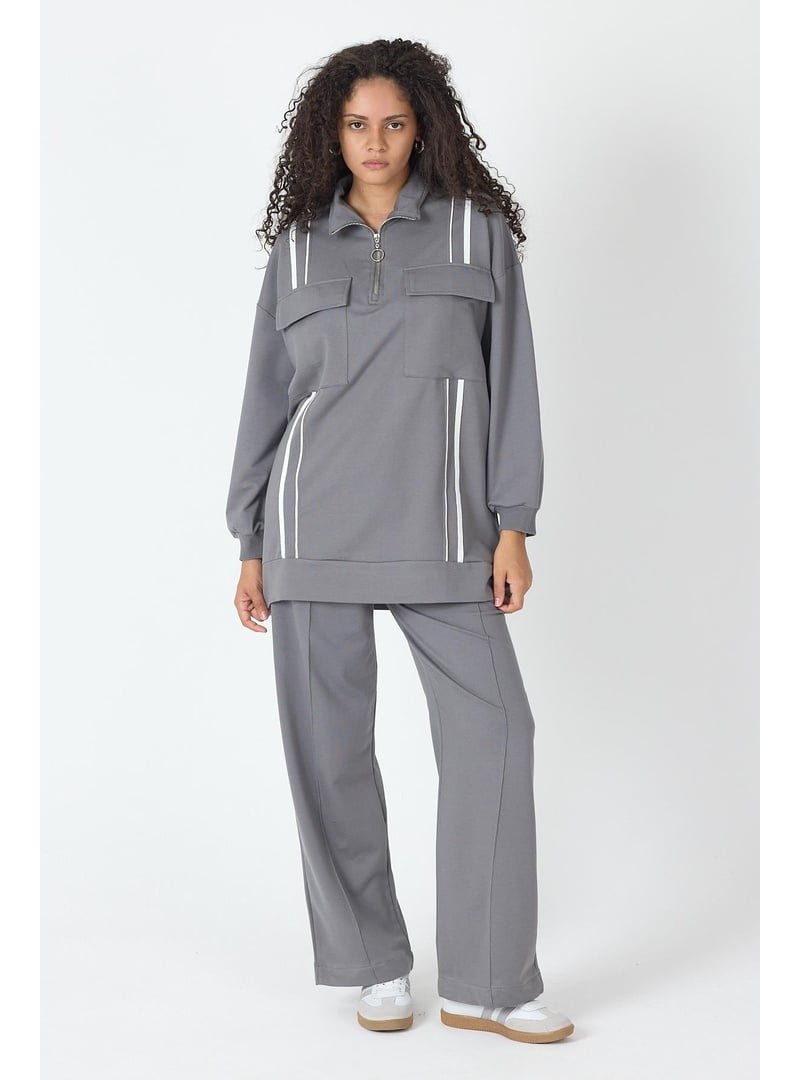 BASICPARK Füme Etek Yırtmaçlı Fermuar Kapamalı Cep Detaylı Sweatshirt Ve Bol Paça Nervürlü Pantolon Pamuklu Örme Alt Üst Takım