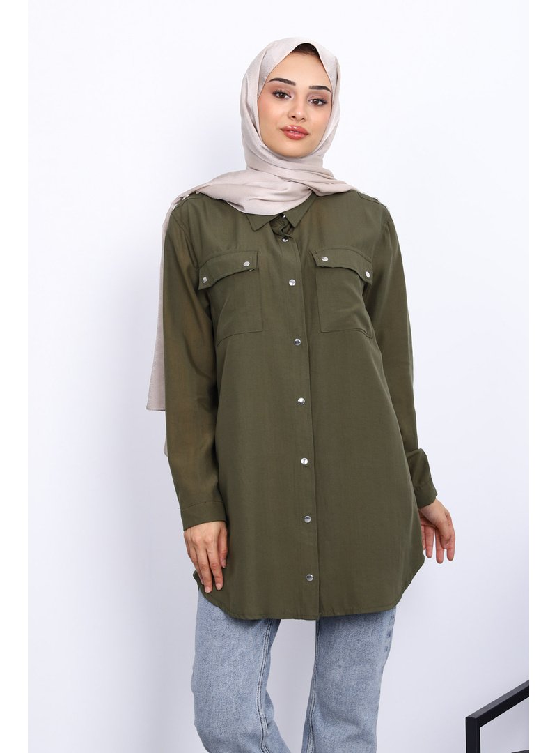 İmaj Butik Haki Omuzları Apoletli Çift Cepli Tunik