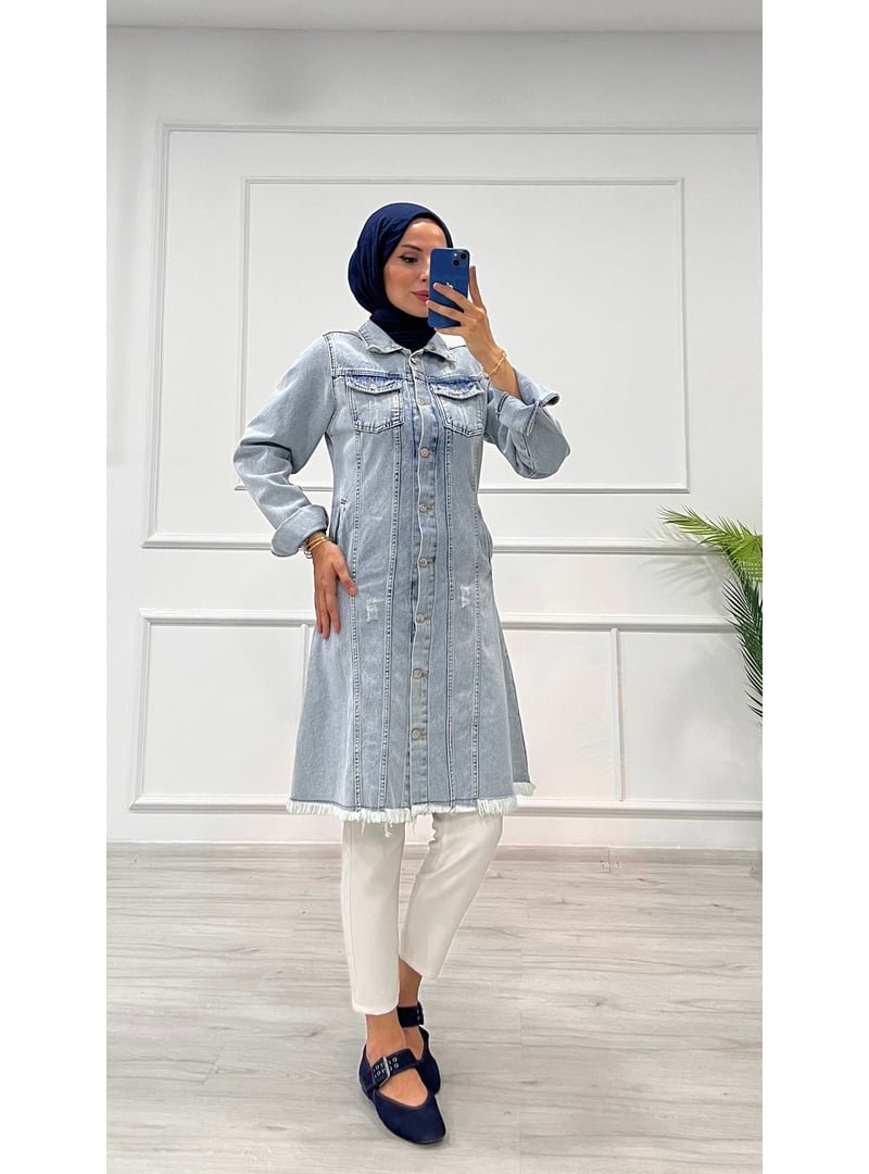 Destemoda Açık Mavi Kot Tunik Püskül Detaylı Çift Cepli Denim Ceket