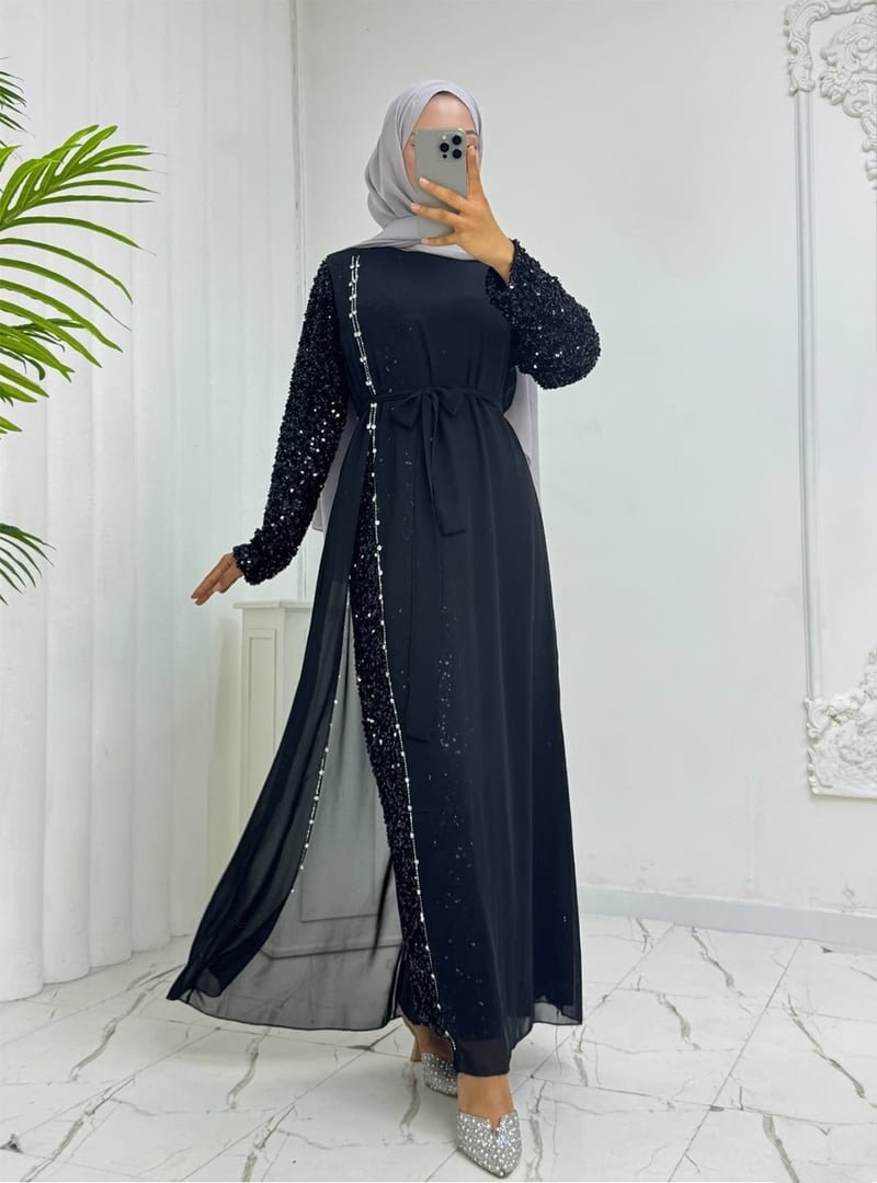 Podyumplus Siyah Kolları Pul Payet Kemerli Şifon Abiye Elbise