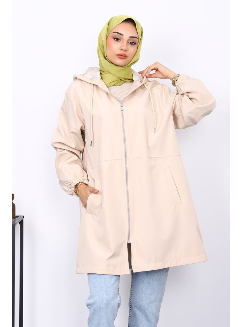 İmaj Butik Bej Kapüşonlu Arkası Nakışlı Trençkot