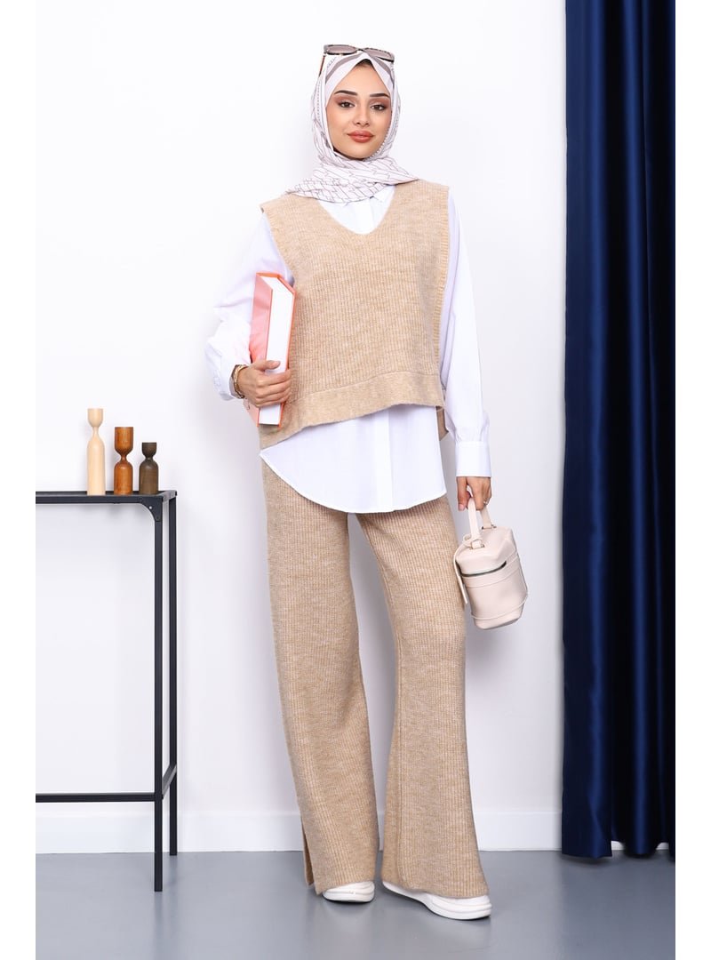 İmaj Butik Vizon Gömlekli Üçlü Triko Takım