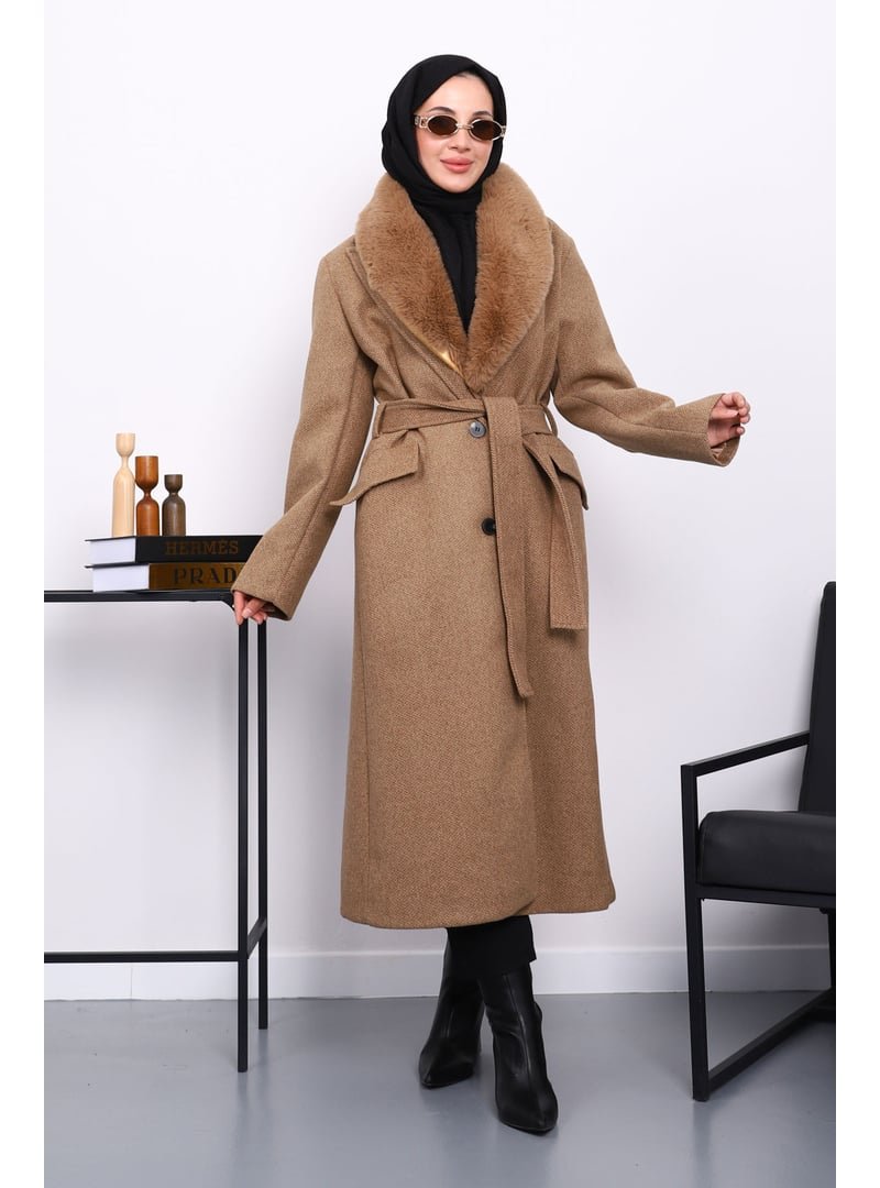 İmaj Butik Camel Yaka Kürklü Kuşaklı Kaşe Kaban