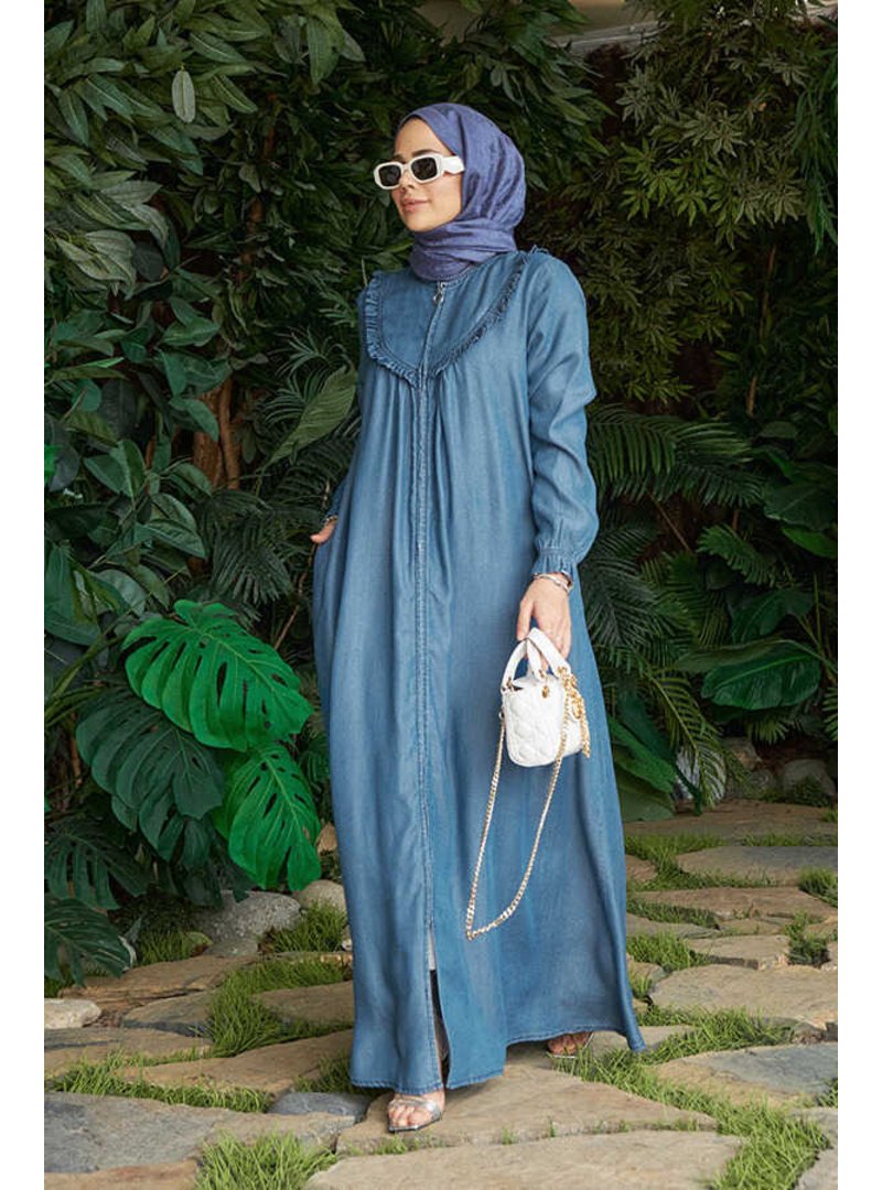 Neways Koyu Mavi Denim Fırfırlı Ferace