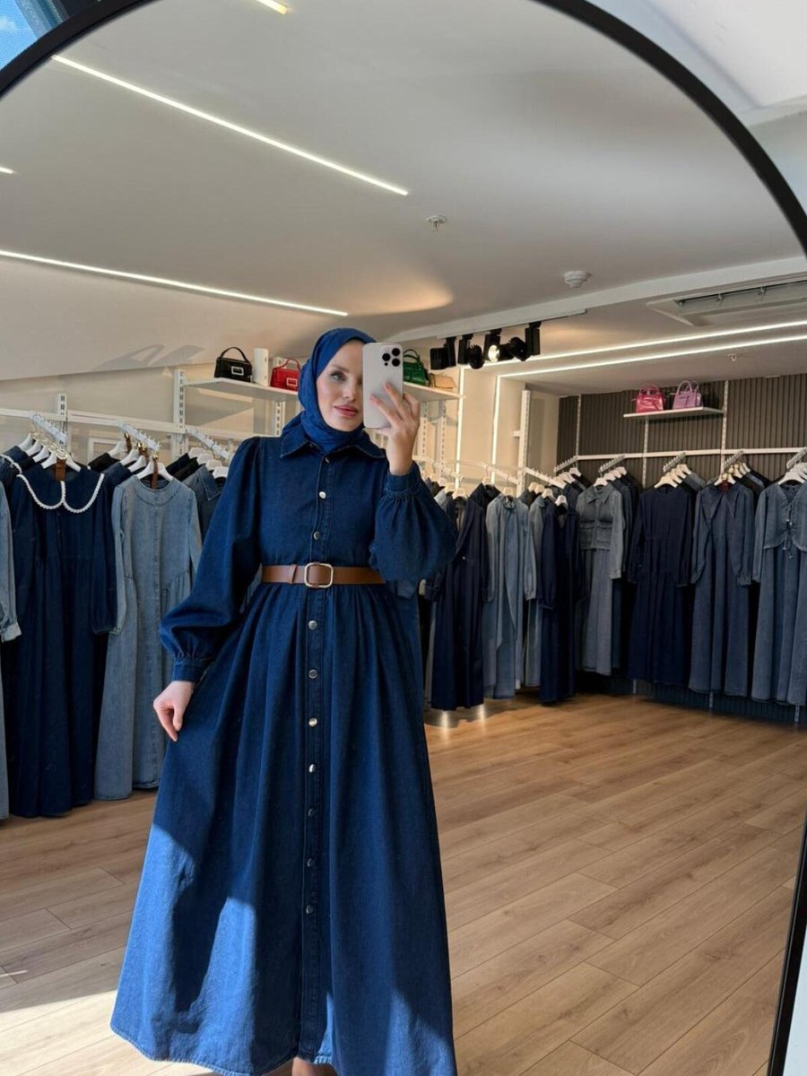 OlaLady Lacivert Önden Full Düğmeli İnce Kemerli Denim Kot Pardesü