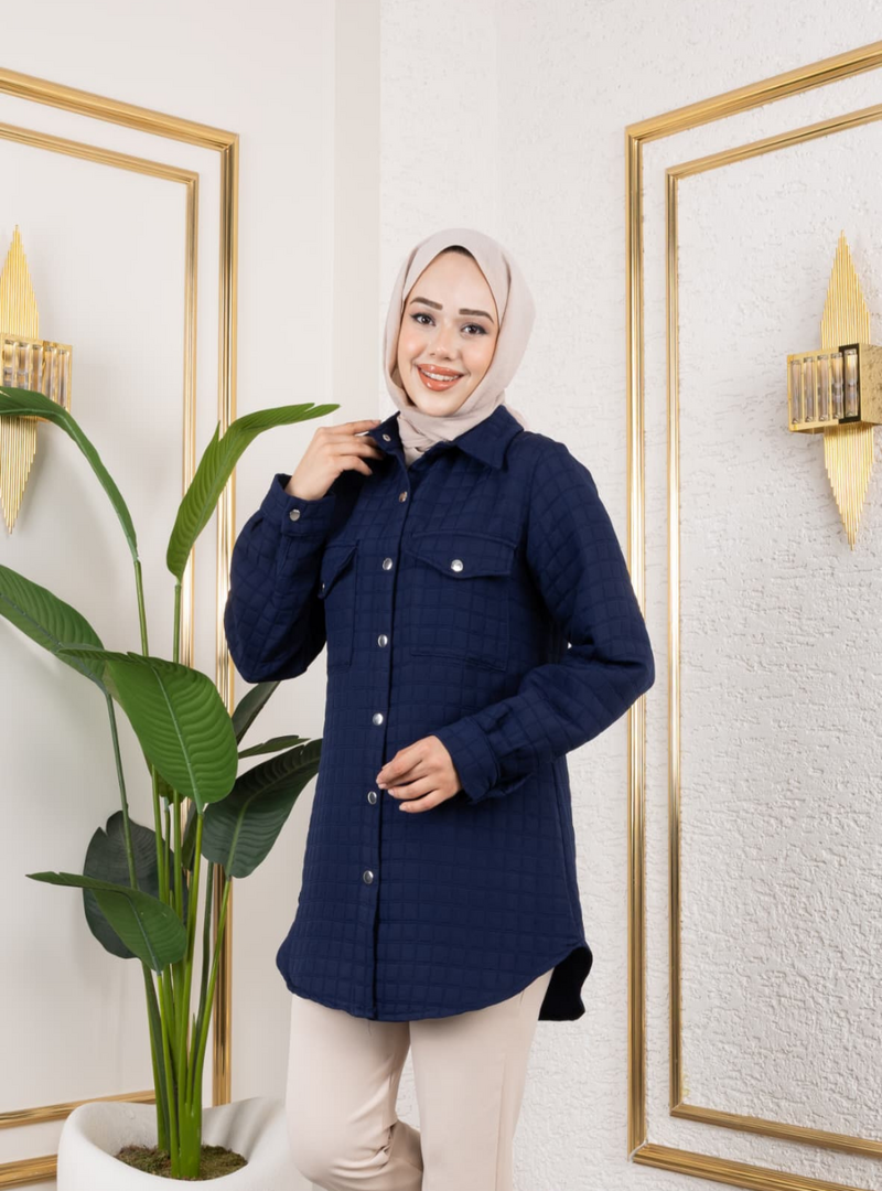 Harmatime butik Cep Detaylı Kapitone Kumaş Çıtçıtlı Lacivert Tunik