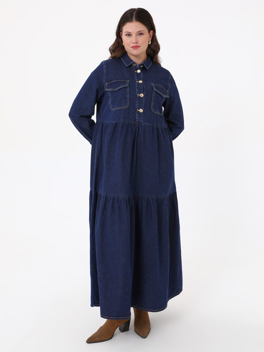 Alia Lacivert Büyük Beden Katlı Denim Elbise