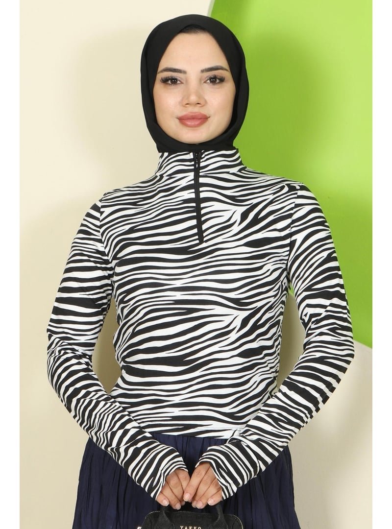 Hafsa Mina Beyaz Zebra Desen Fermuarlı Body