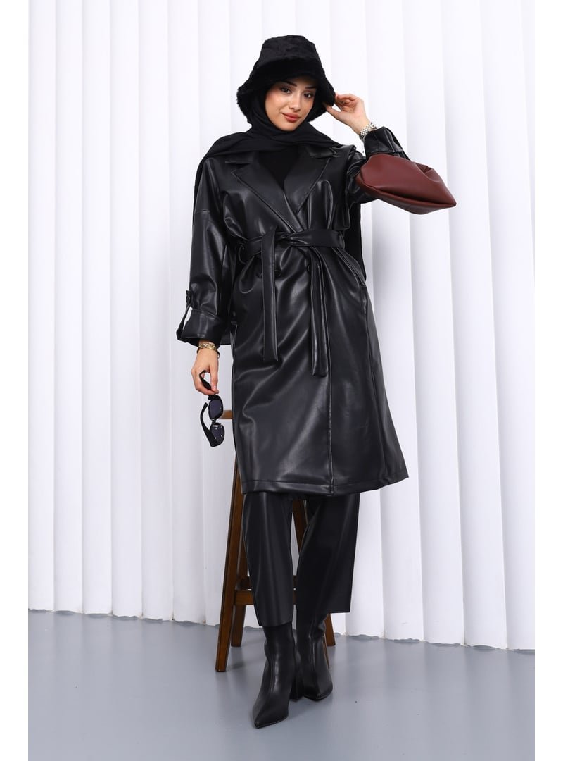 İmaj Butik Siyah Kruvaze Yaka Kemerli Deri Trençkot
