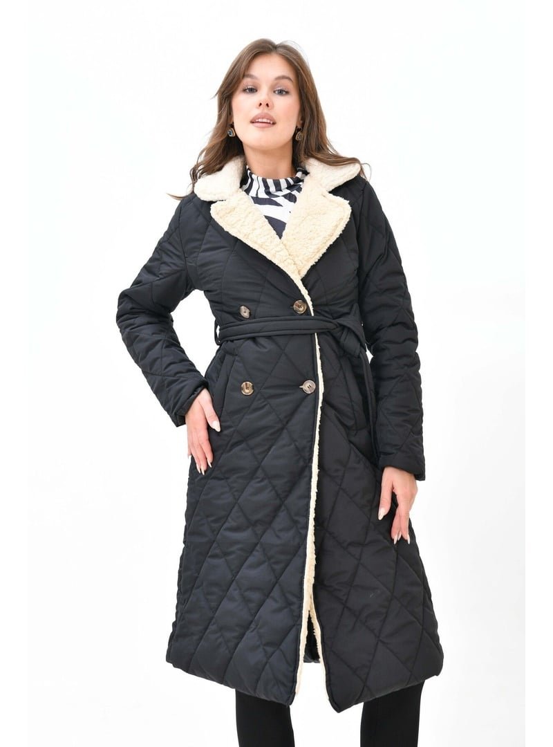 Volt Clothing Siyah Maxi Boy Kürklü Kapitone Mont