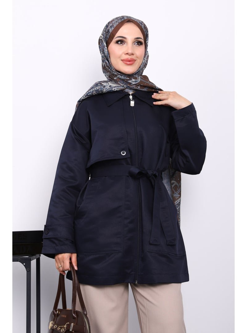 İmaj Butik Lacivert Cep Detaylı Kuşaklı Ceket