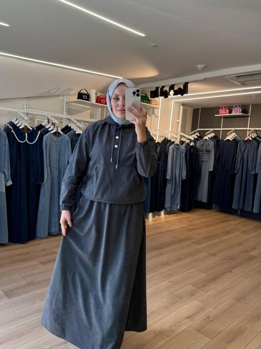 OlaLady Gümüş Süet Kumaş Kapüşonlu Etek Sweatshirt İkili Takım