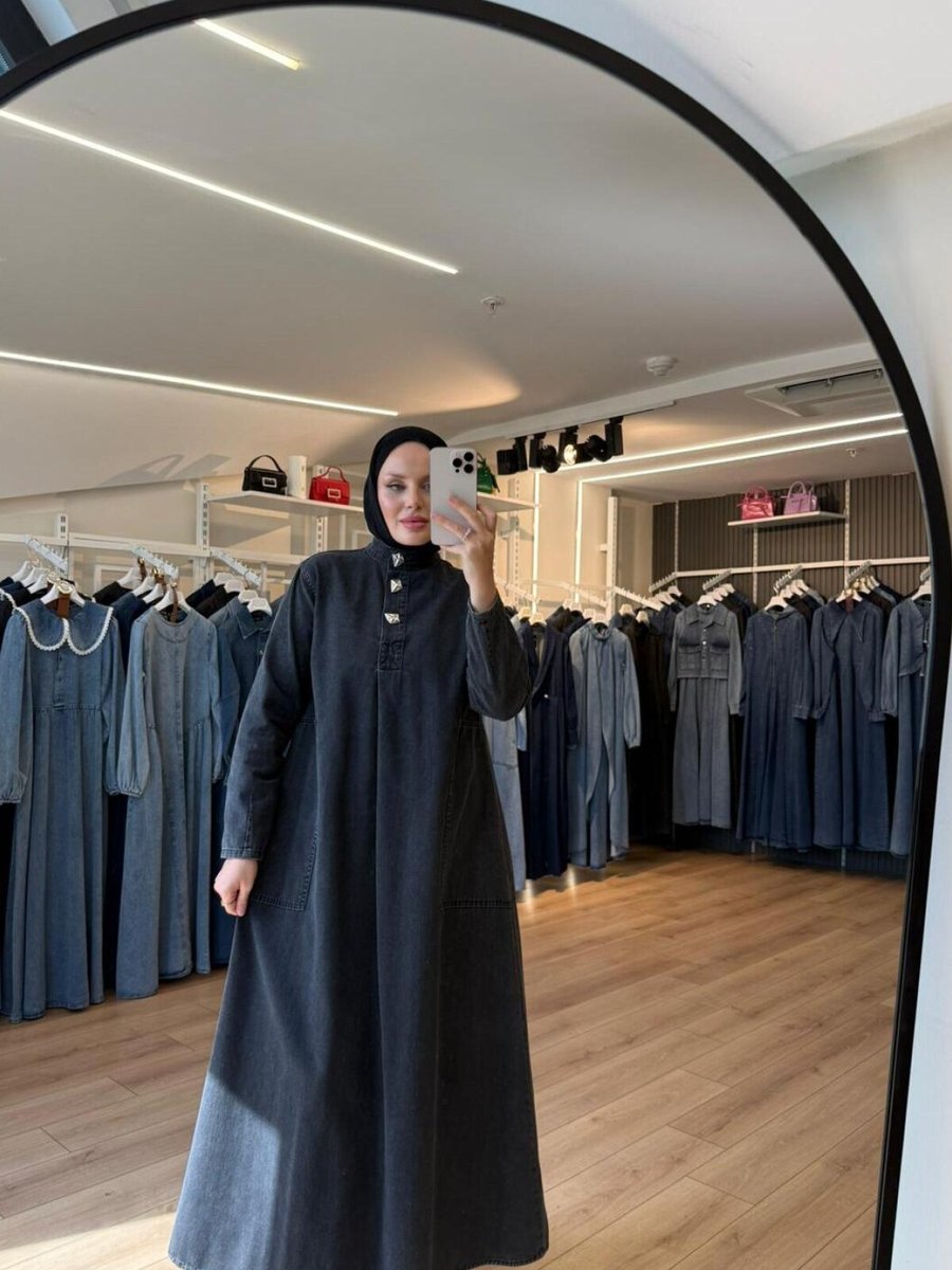 OlaLady Siyah Düğmeli Arkası A Pile Büyük Cepli Denim Kot Elbise