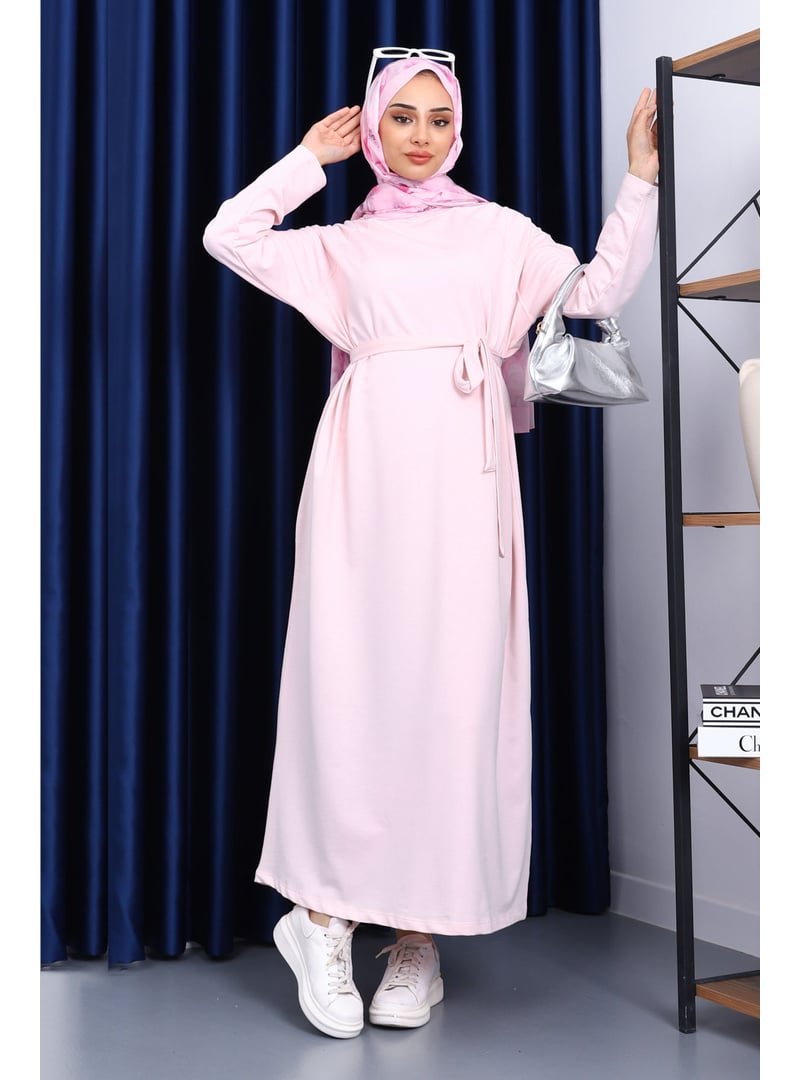 İmaj Butik Toz Pembe Bisiklet Yaka Bel Kuşaklı Elbise