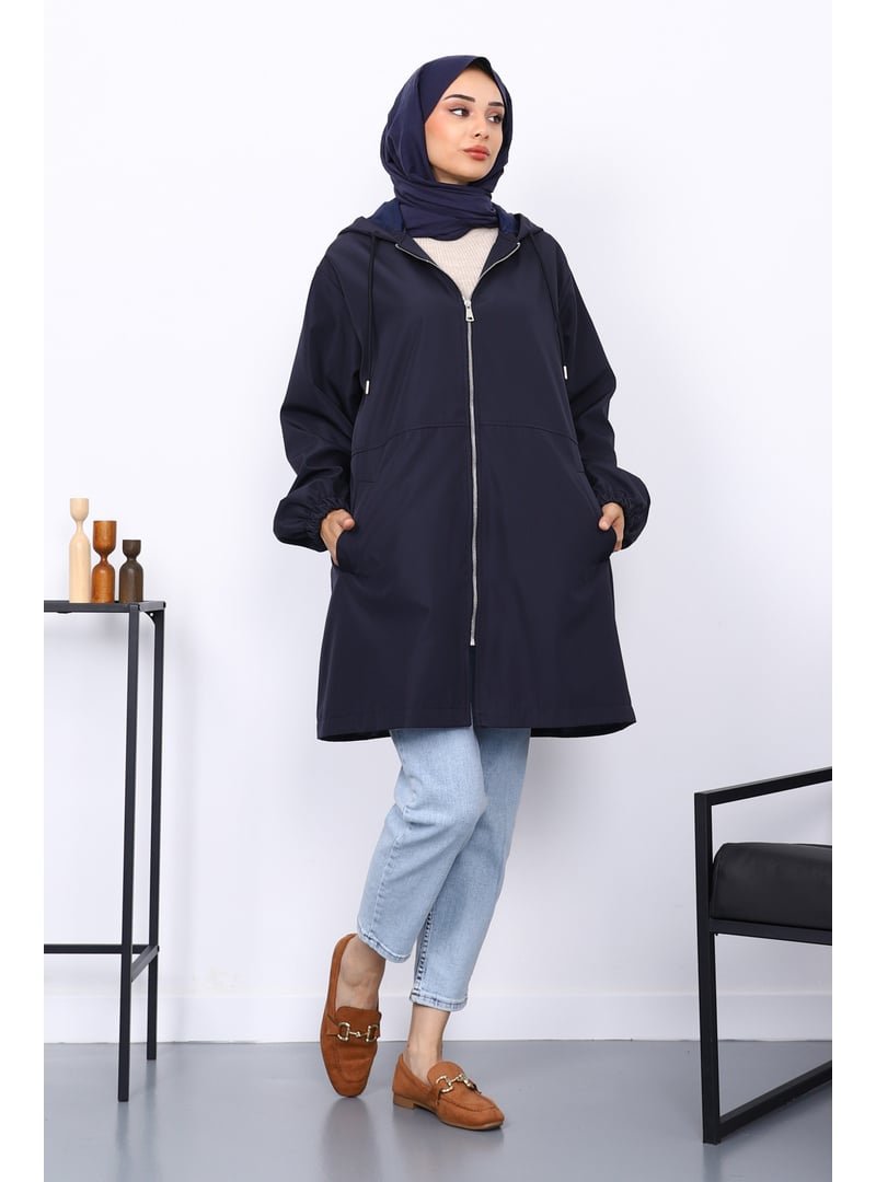 İmaj Butik Lacivert Kapüşonlu Arkası Nakışlı Trençkot