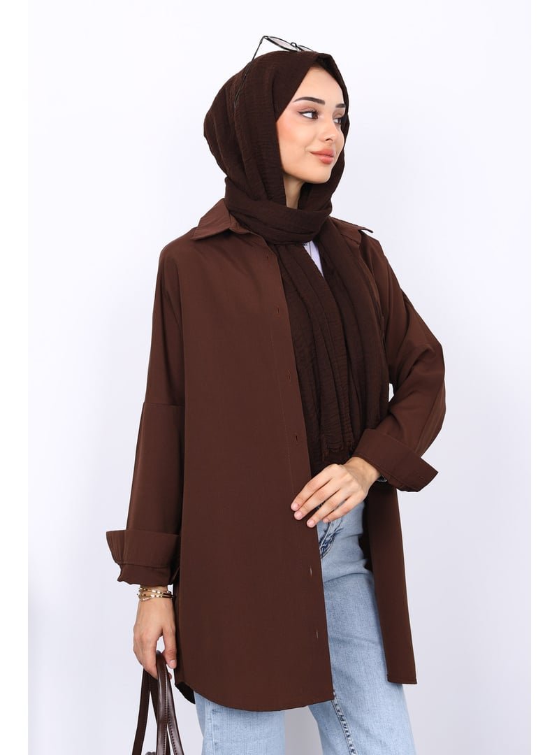 İmaj Butik Kahverengi Düz Terikoton Salaş Gömlek