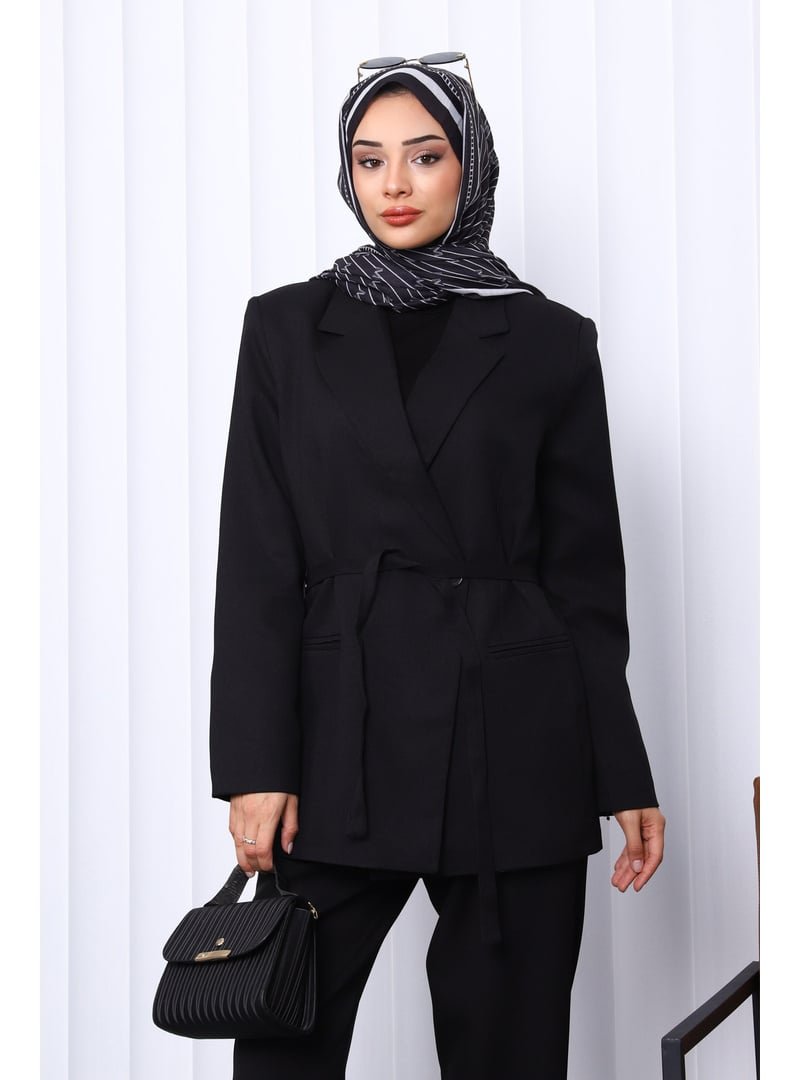 İmaj Butik Siyah Kruvaze Yaka Düğmeli Blazer Ceket