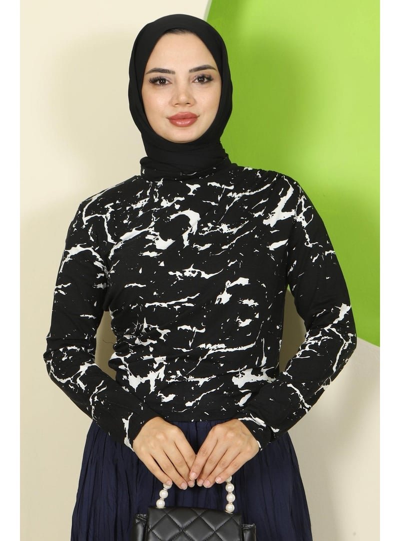 Hafsa Mina Siyah Mermer Desenli Drapeli Body