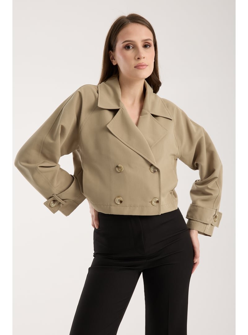 Bolivente Haki Kruvaze Crop Trençkot Açık
