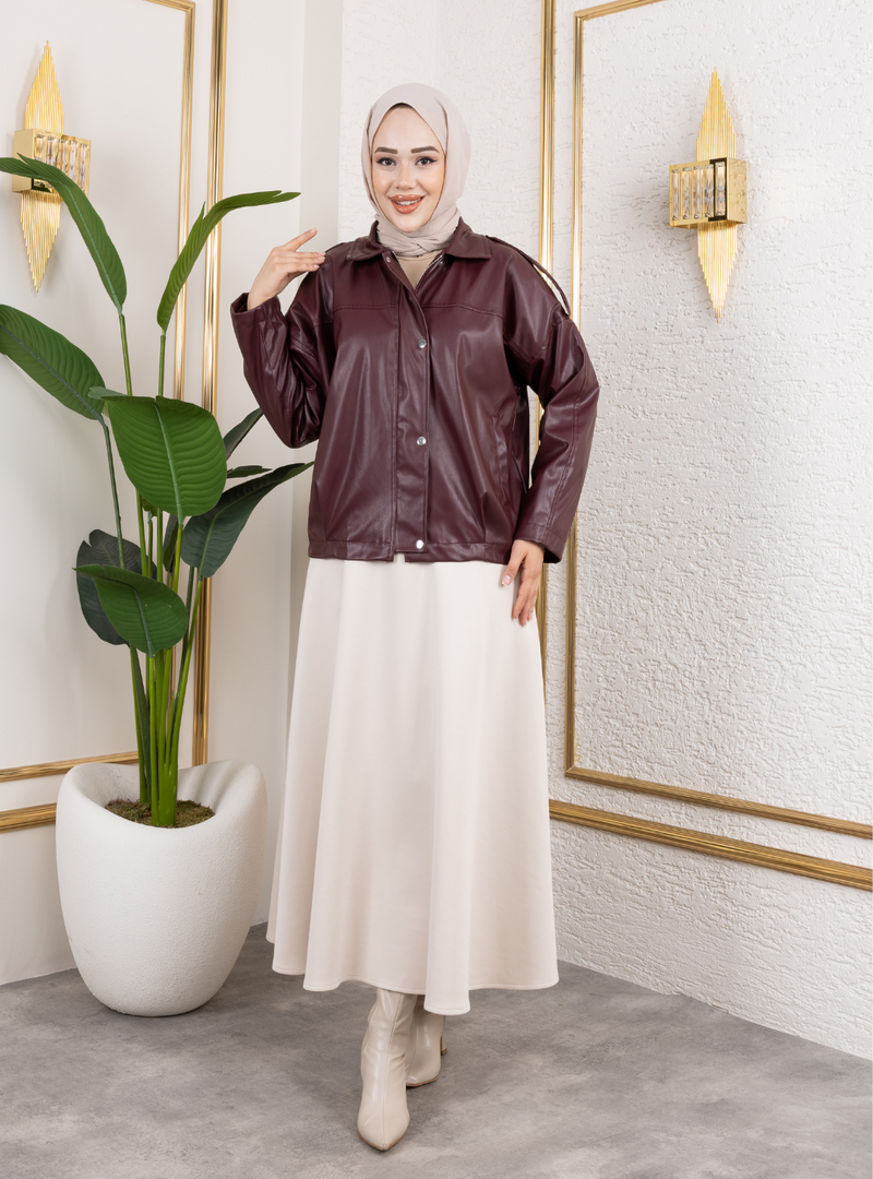 Harmatime butik Bordo Deri Astarlı Fermuarlı Ceket