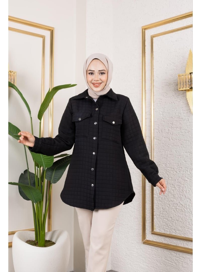 Harmatime butik Cep Detaylı Kapitone Kumaş Çıtçıtlı Siyah Tunik
