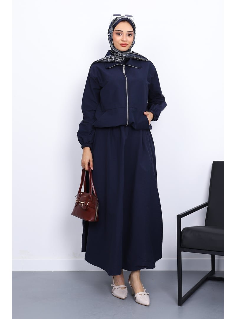 İmaj Butik Lacivert Cepli Bel Lastikli Etekli Takım