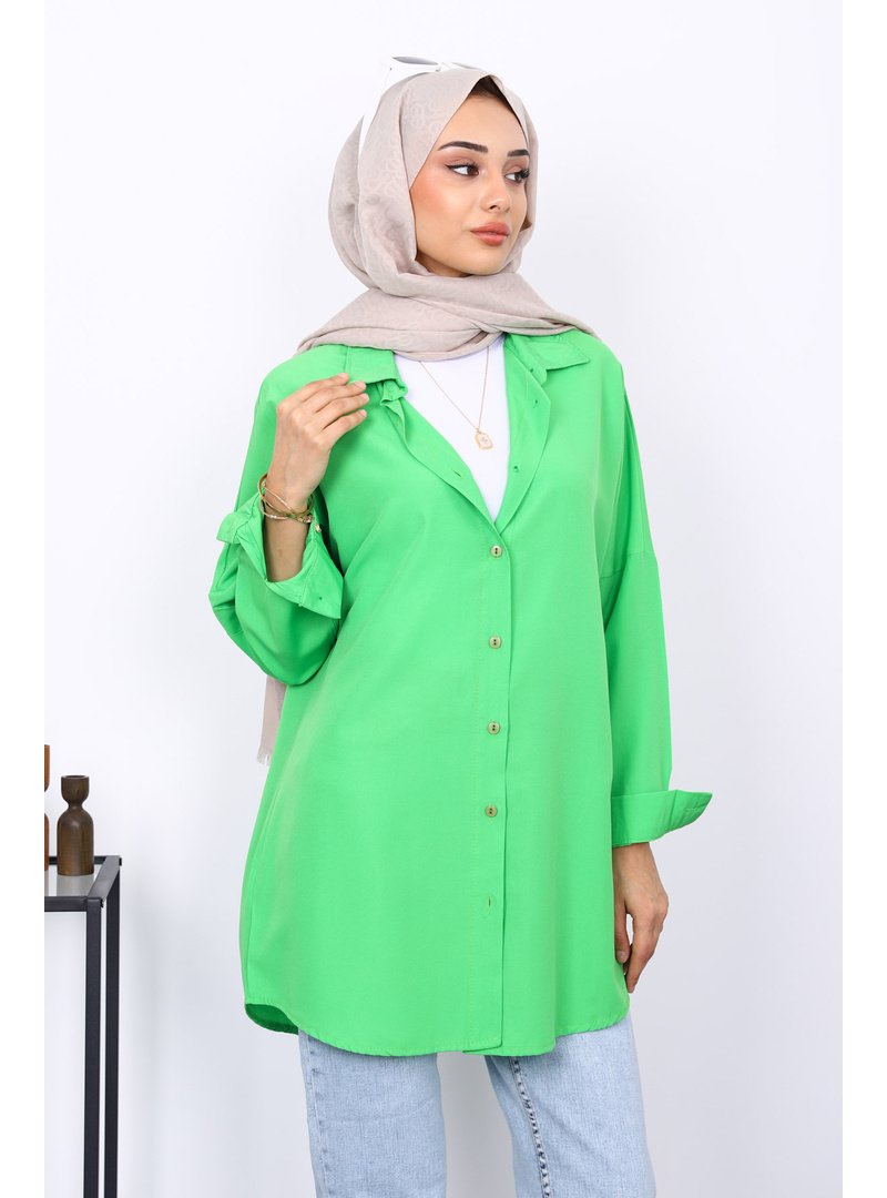 İmaj Butik Fıstık Yeşili Düz Terikoton Salaş Gömlek