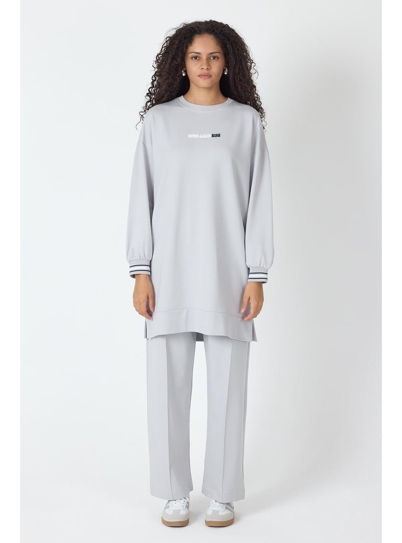 BASICPARK Gri Etek Ucu Yırtmaçlı Baskı Detaylı Nervürlü Bol Paça Pantolon Sweatshirt Alt Üst Takım