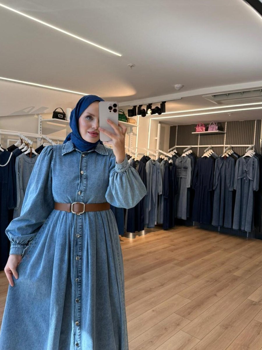 OlaLady Mavi Önden Full Düğmeli İnce Kemerli Denim Kot Pardesü