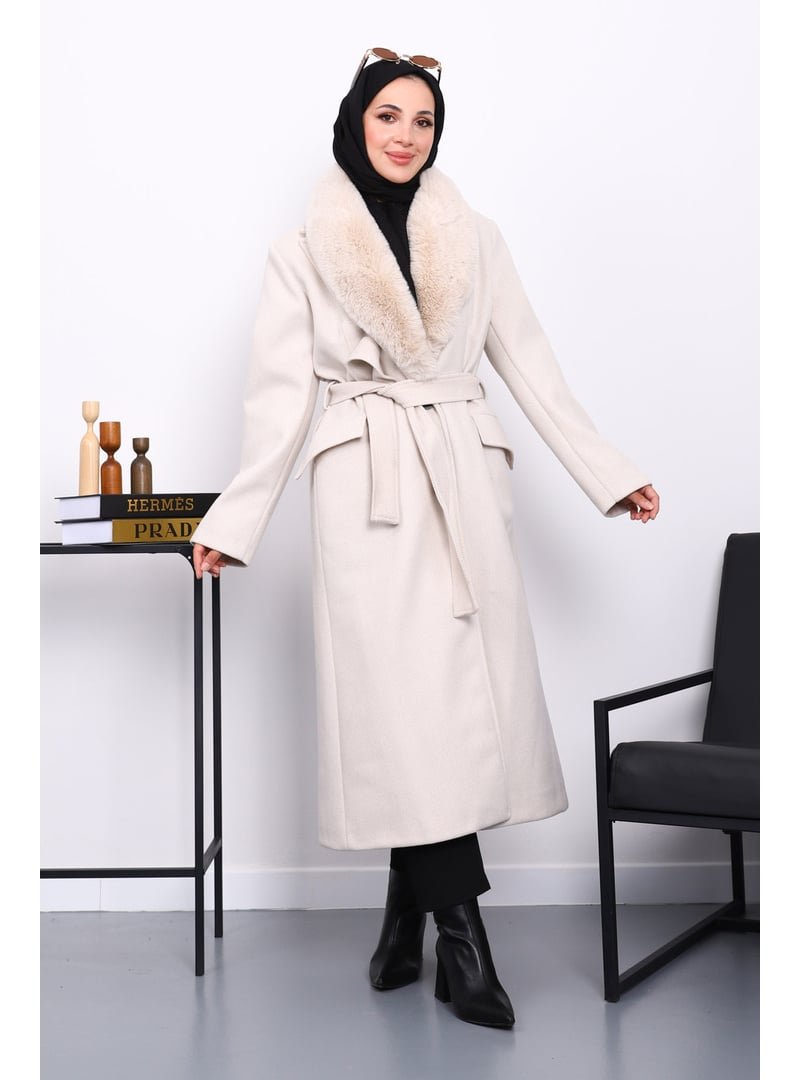 İmaj Butik Taş Yaka Kürklü Kuşaklı Kaşe Kaban