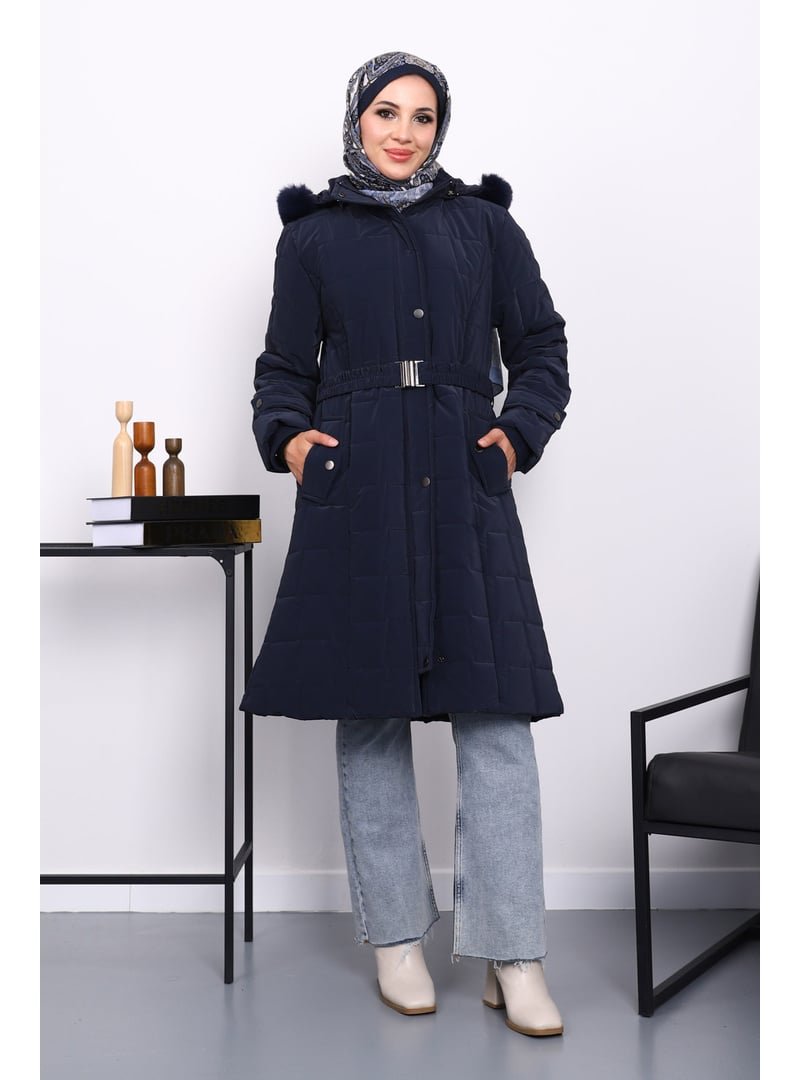 İmaj Butik Lacivert Kapüşonu Kürklü Uzun Şişme Mont