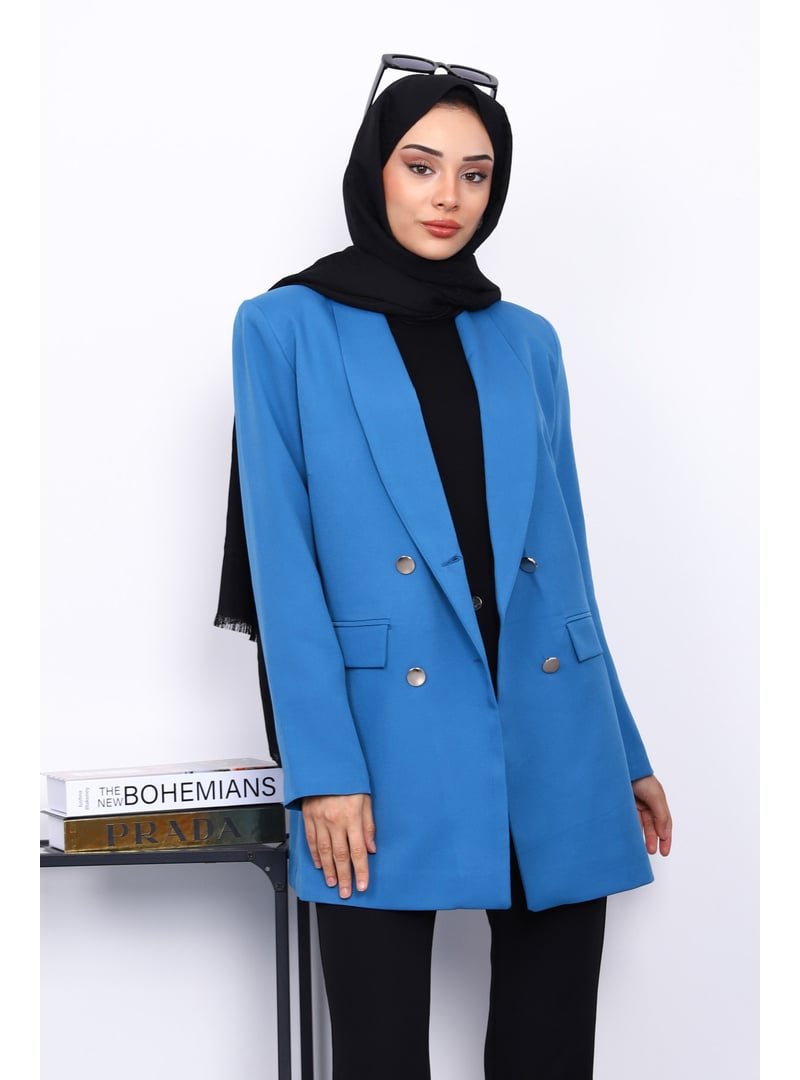 İmaj Butik İndigo Düğmeli Kruvaze Yaka Krep Ceket