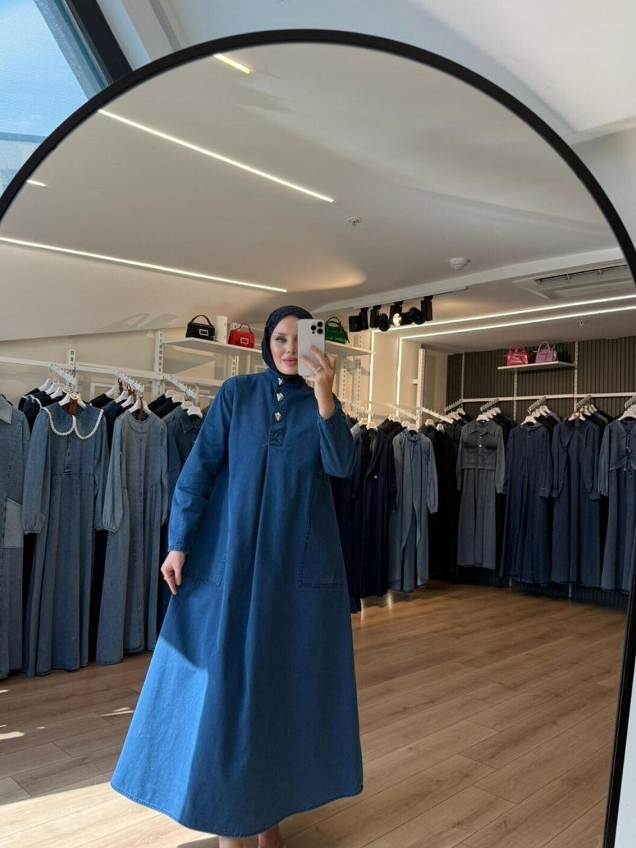 OlaLady Mavi Düğmeli Arkası A Pile Büyük Cepli Denim Kot Elbise