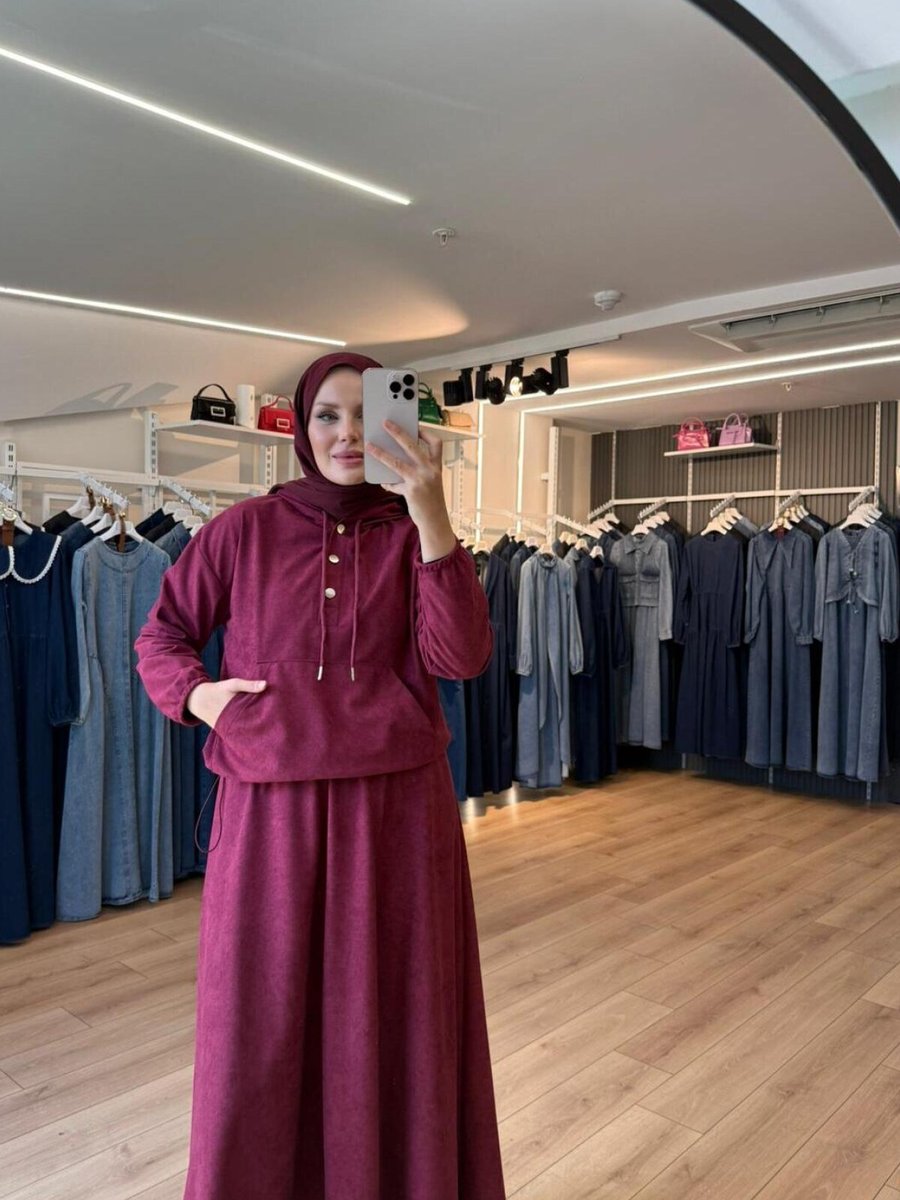 OlaLady Bordo Süet Kumaş Kapüşonlu Etek Sweatshirt İkili Takım