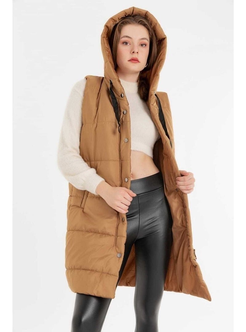 Volt Clothing Sütlü Kahve Kapüşonlu Cepli Şişme Yelek