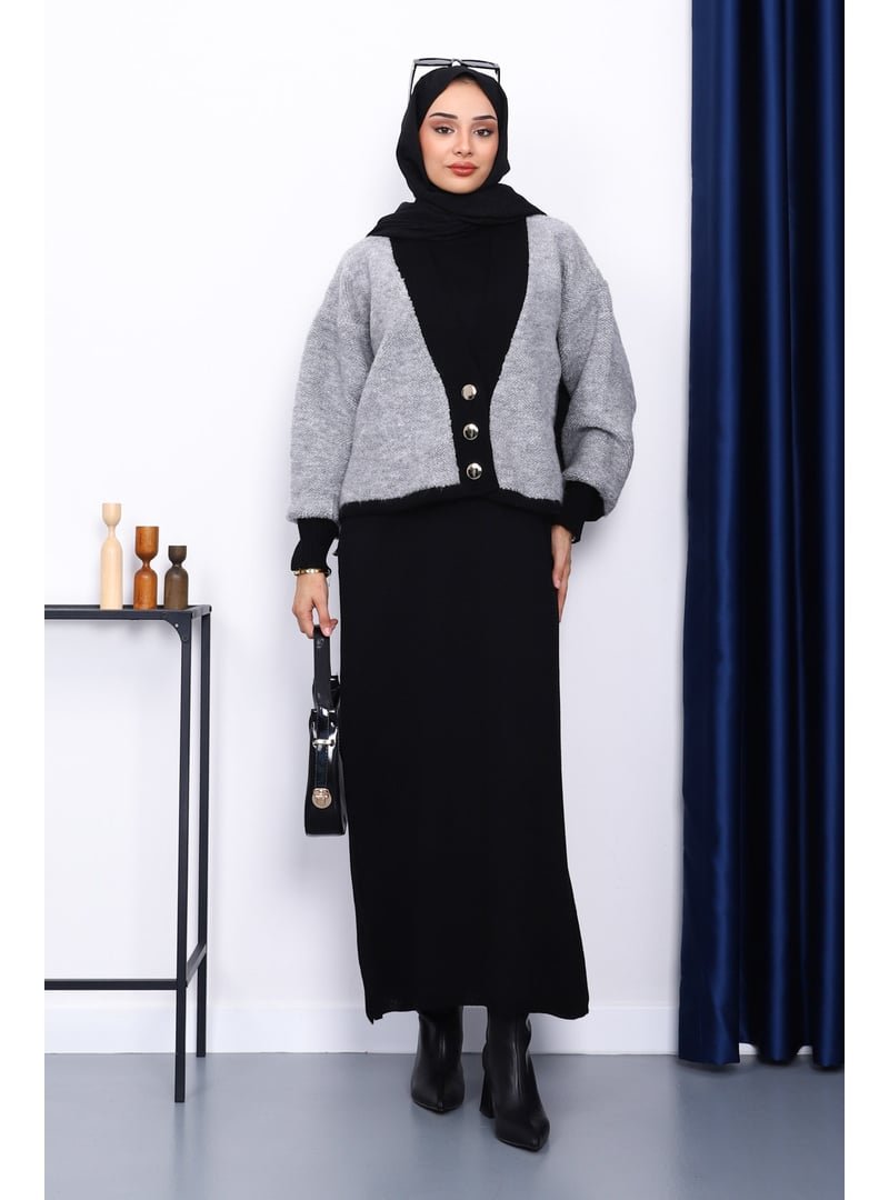 İmaj Butik Siyah Gri Düğmeli Triko Hırka Elbiseli İkili Kombin