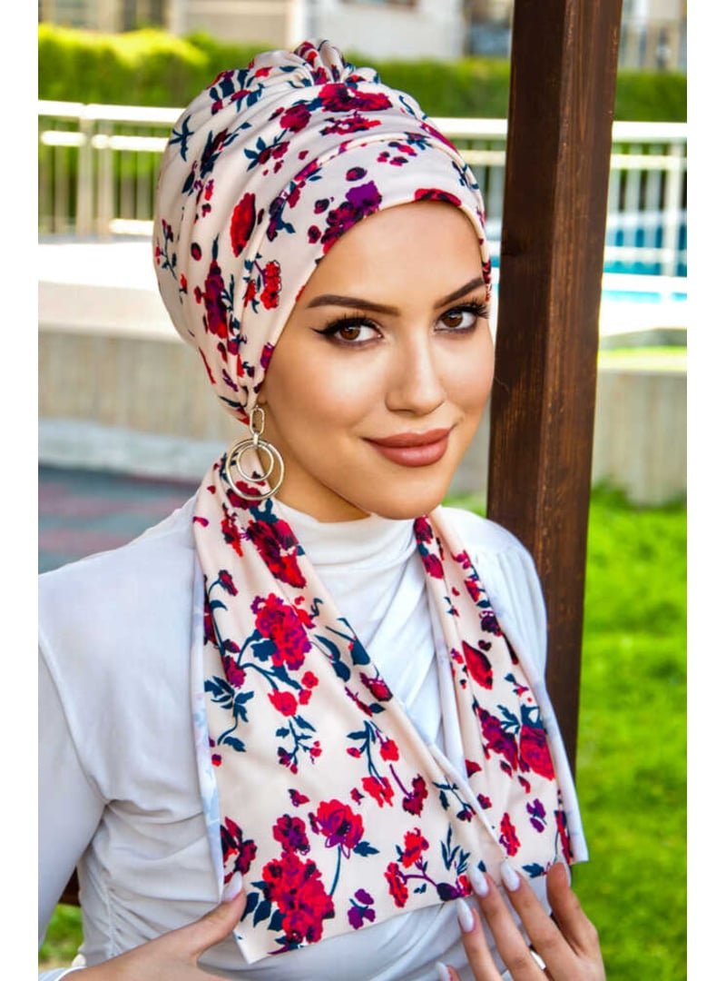 AİŞE TESETTÜR Çiçek Desenli Atkılı Bone
