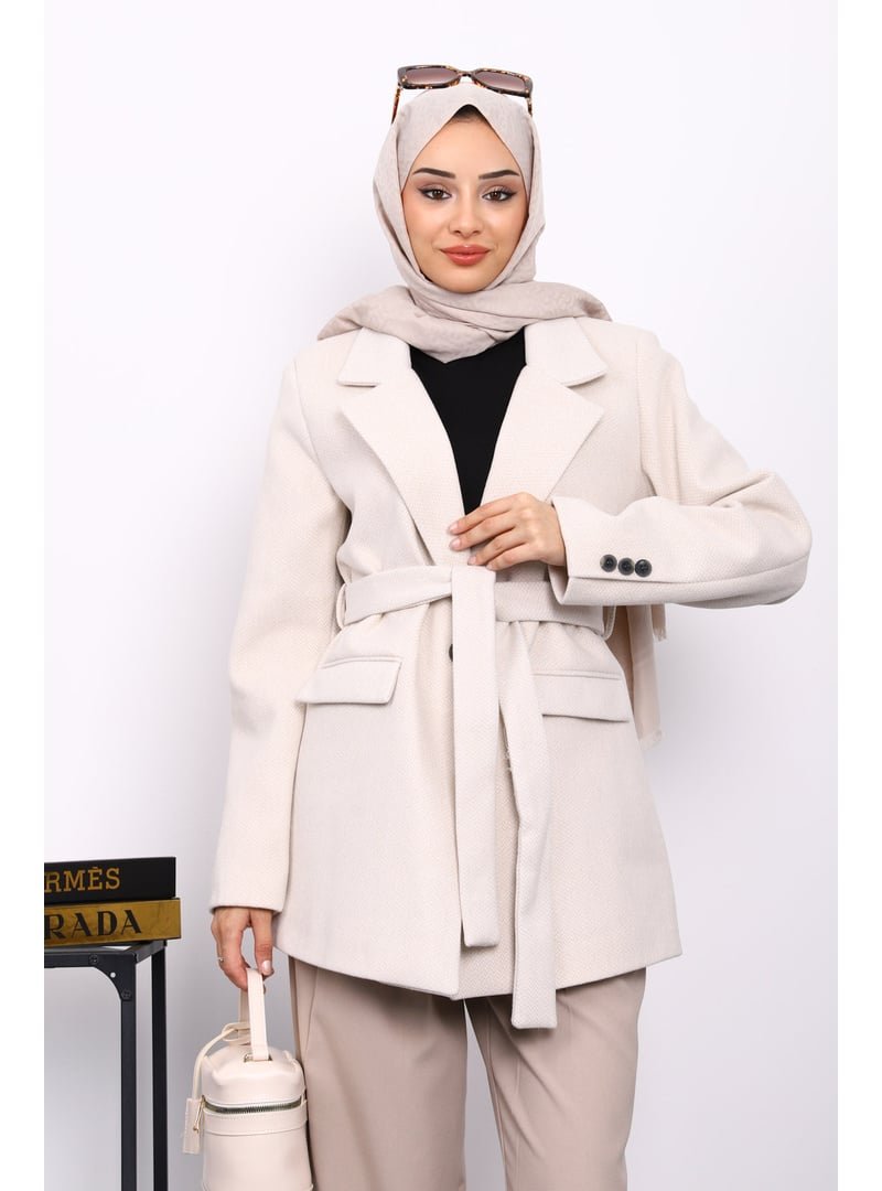 İmaj Butik Taş Kuşaklı Astarlı Kısa Kaşe Kaban