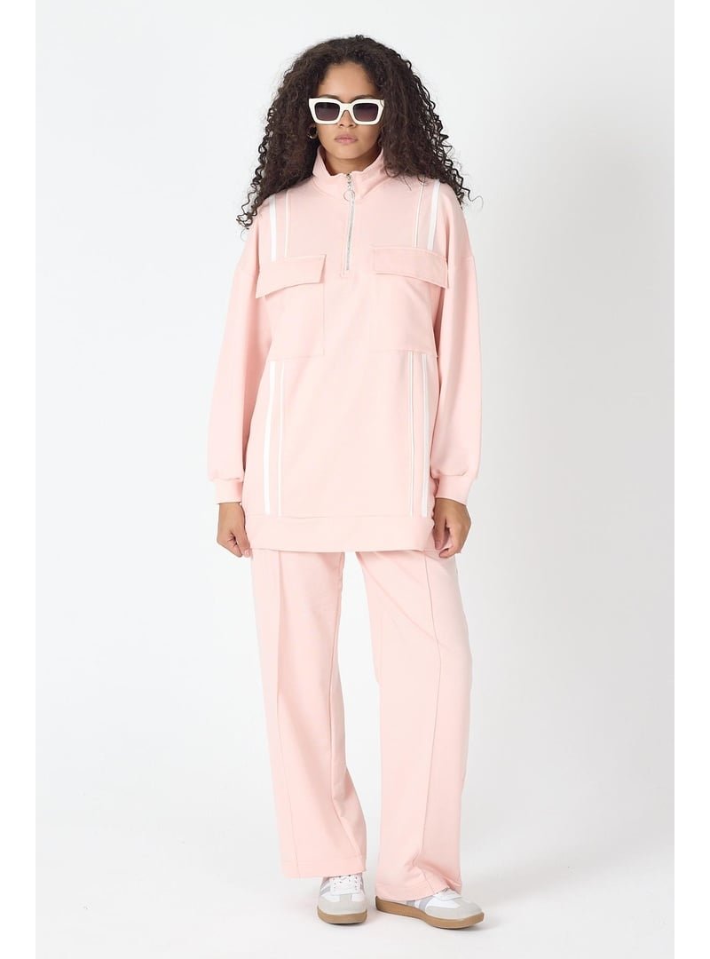 BASICPARK Pudra Etek Yırtmaçlı Fermuar Kapamalı Cep Detaylı Sweatshirt Ve Bol Paça Nervürlü Pantolon Pamuklu Örme Alt Üst Takım