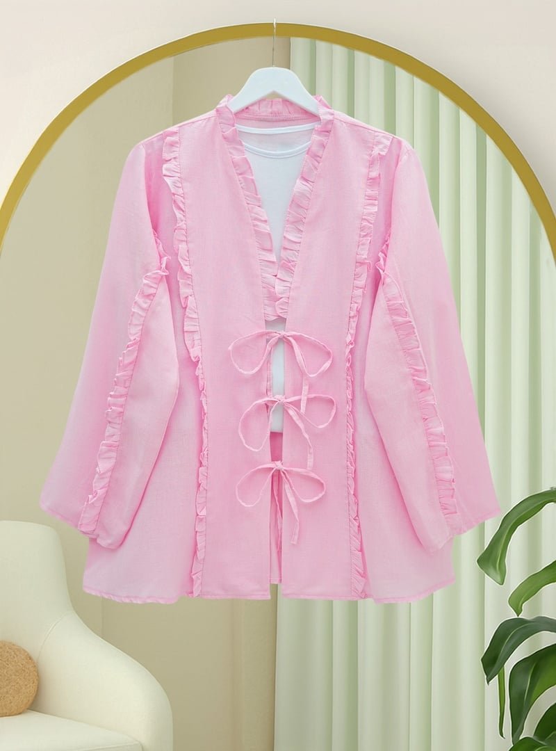 Podyumplus Pembe Önü Ve Kolu Fırfırlı Bağlamalı Keten Gömlek